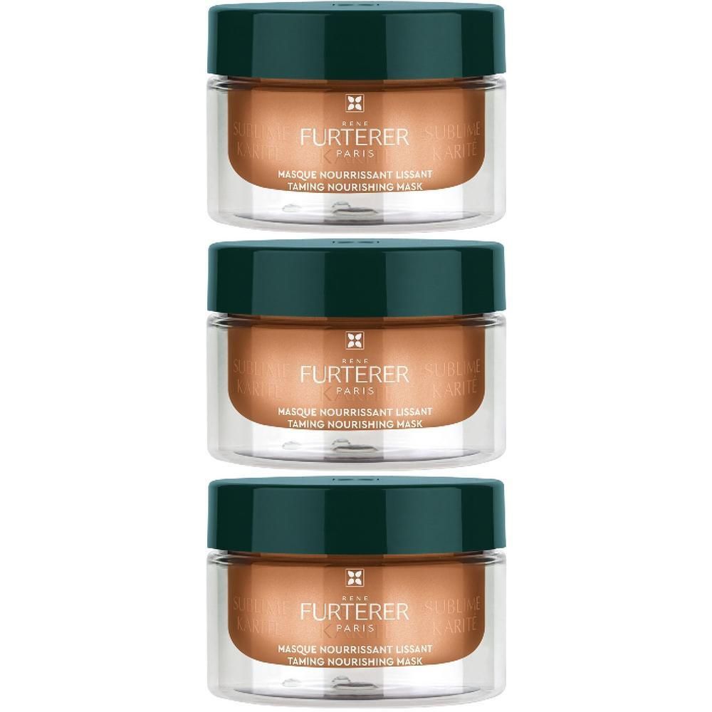 Drei Gläser der Sublime Karité Haarpflege-Maske mit grünem Deckel und goldfarbenem Etikett.