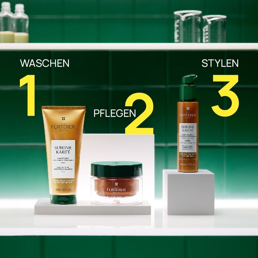 Drei Produkte der Sublime Karité Haarpflege-Linie: Shampoo, Maske und Styling-Fluid.