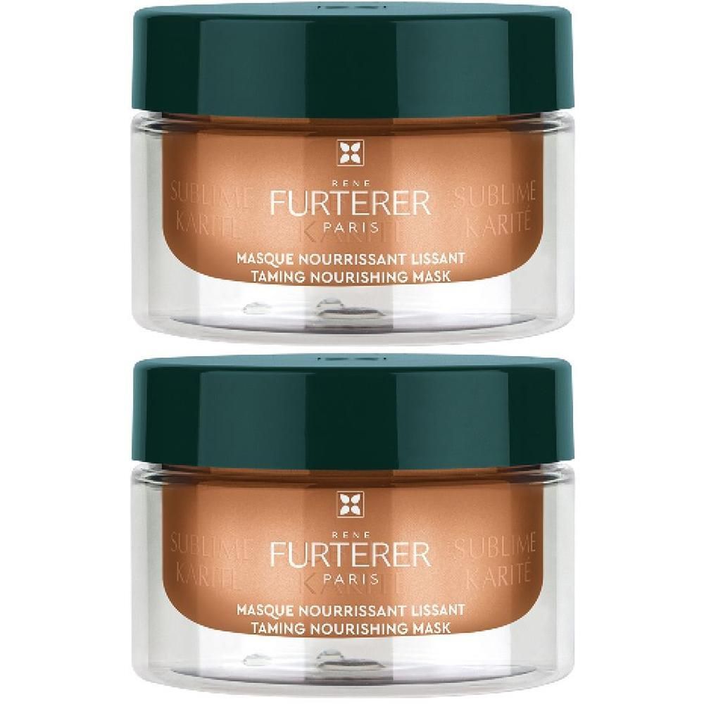 Zwei Glasbehälter mit je 200 ml Sublime Karité Nährende, glättende Haarmaske.
