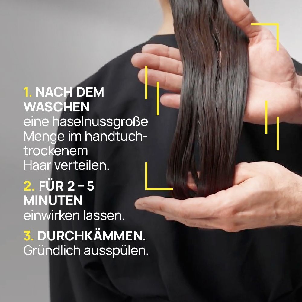 Anwendung: Haarmaske nach dem Waschen im handtuchtrockenen Haar verteilen.
