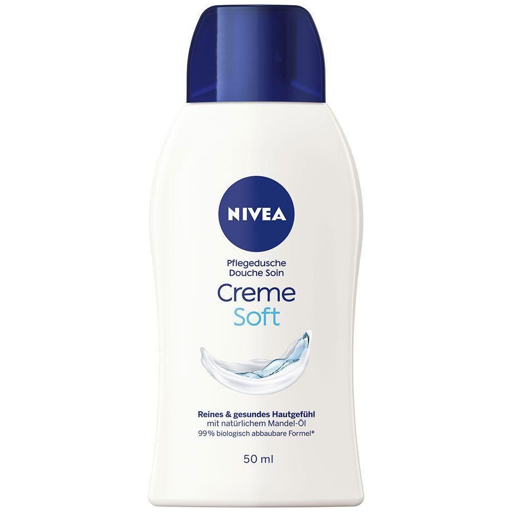NIVEA Creme Soft Duschgel in weißer Flasche mit blauem Deckel. Enthält 50 ml.