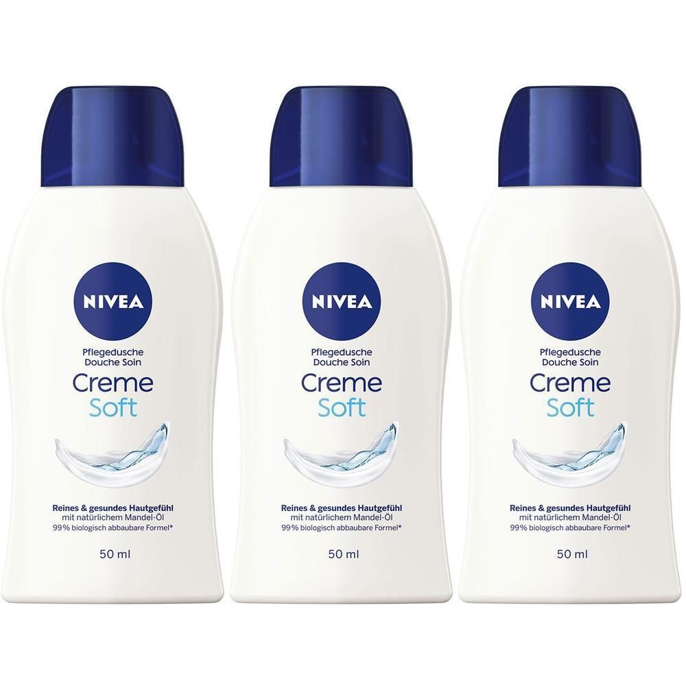 Drei NIVEA Creme Soft Duschgel-Flaschen mit blauen Verschlüssen. 50 ml.
