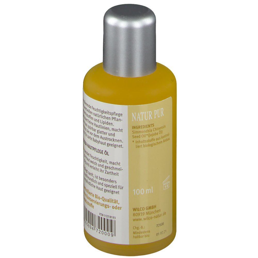 Rückseite einer Flasche Wilco Natur Jojoba BIO Hautpflege Öl mit Produktinformationen.