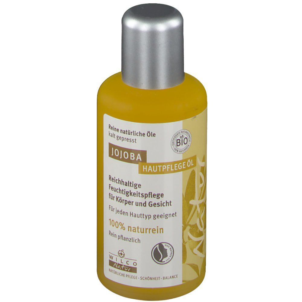 Eine Flasche Wilco Natur Jojoba BIO Hautpflege Öl, 100% naturrein, kalt gepresst.