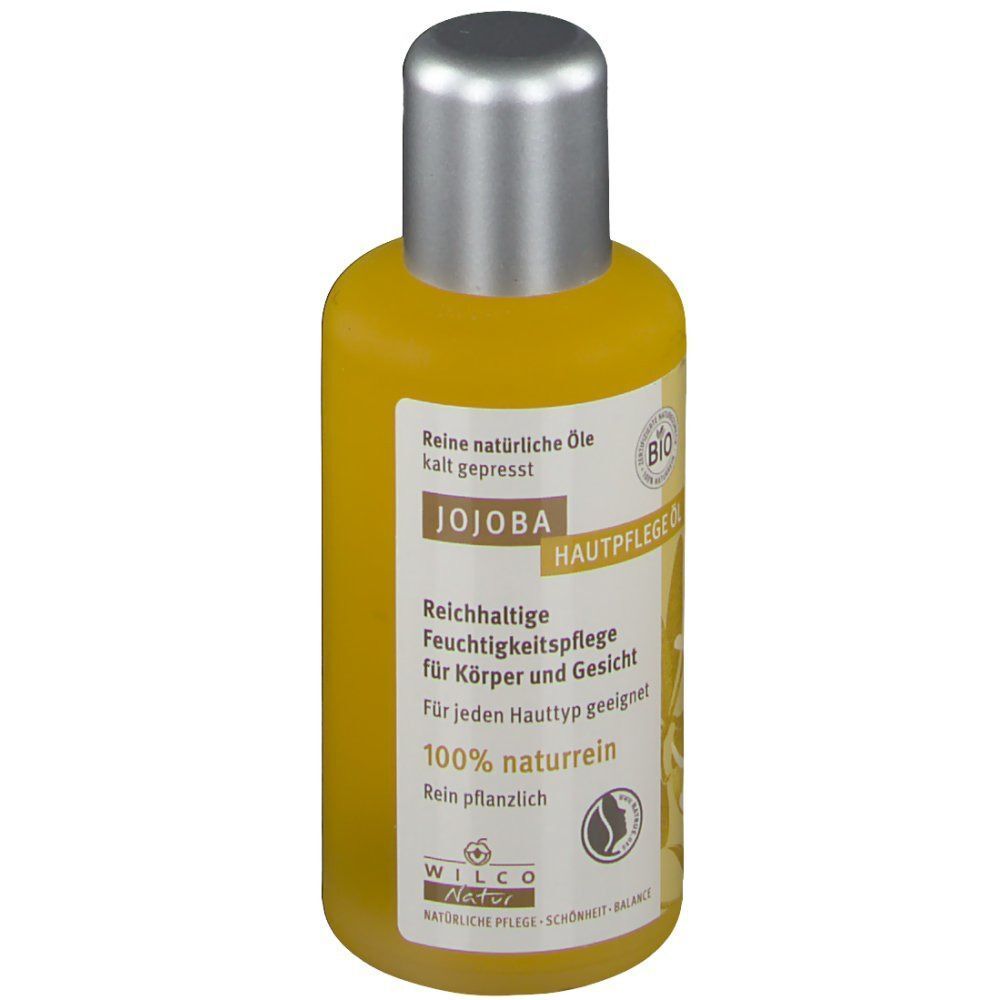 Vorderseite einer Flasche Wilco Natur Jojoba BIO Hautpflege Öl mit BIO-Siegel.
