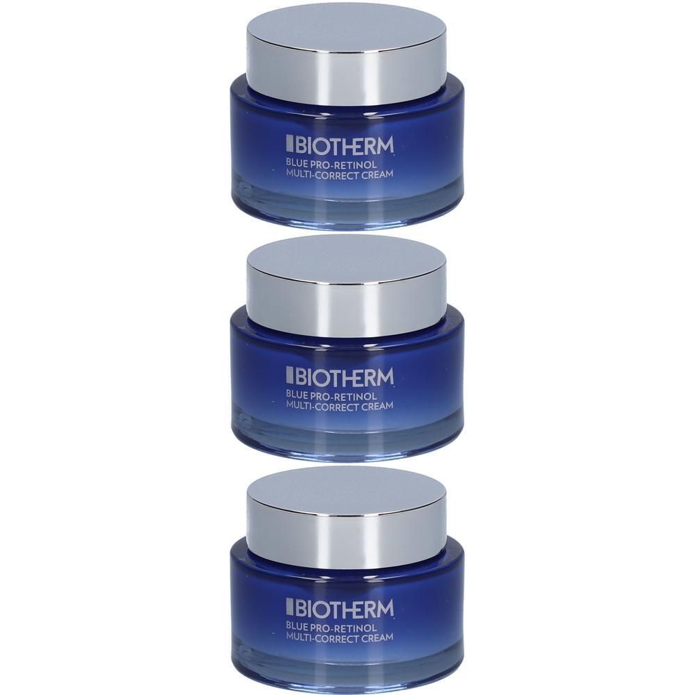 Drei Biotherm Blue Pro-Retinol Multi-Correct Cream Tiegel mit silbernen Deckeln.