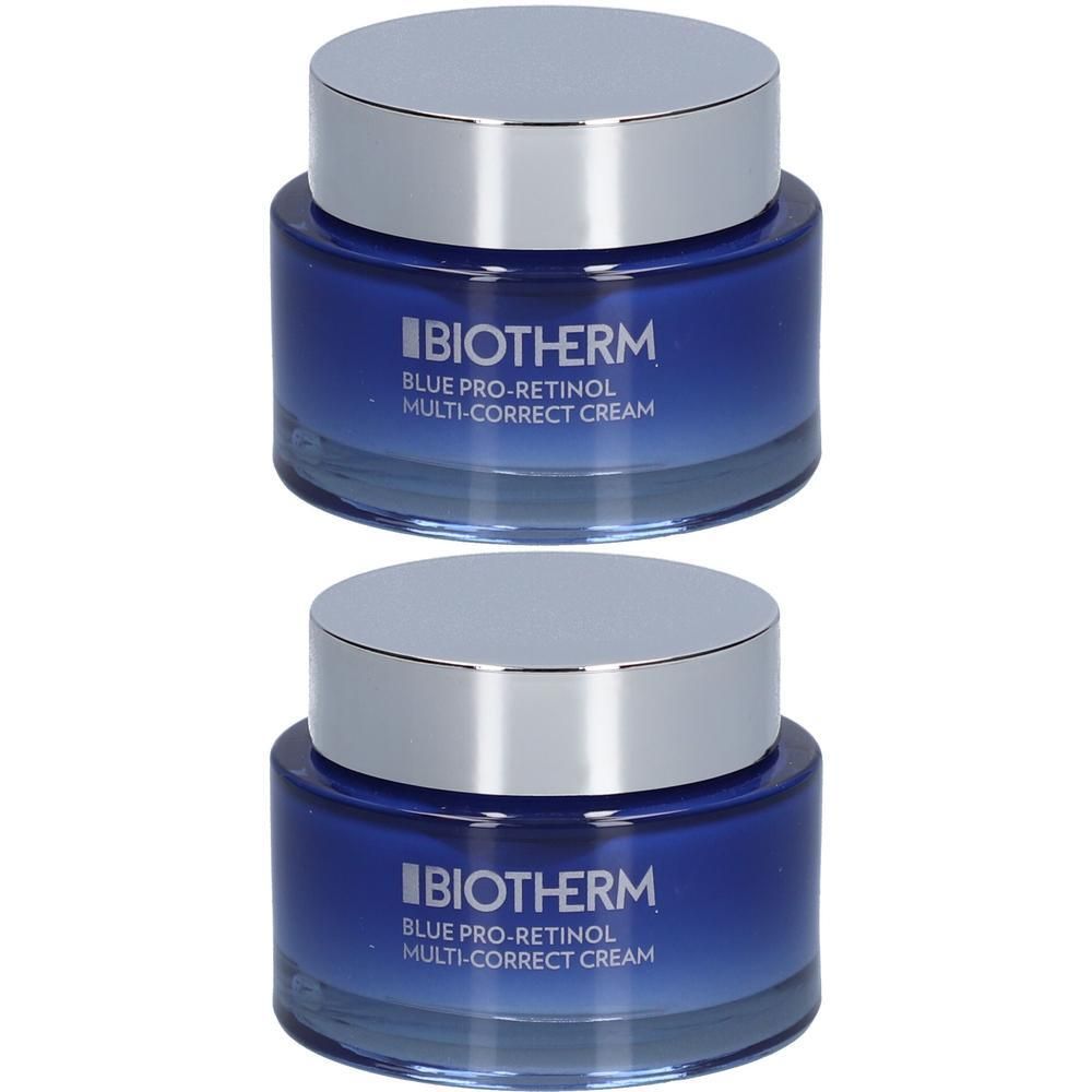 Zwei Biotherm Blue Pro-Retinol Multi-Correct Cream Tiegel mit silbernen Deckeln.