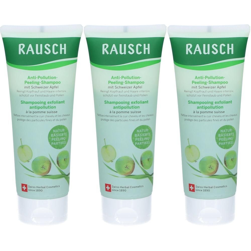 Drei RAUSCH Anti-Pollution-Peeling-Shampoo-Tuben mit Schweizer Apfel. Grüne Äpfel und Blätter auf der Vorderseite.