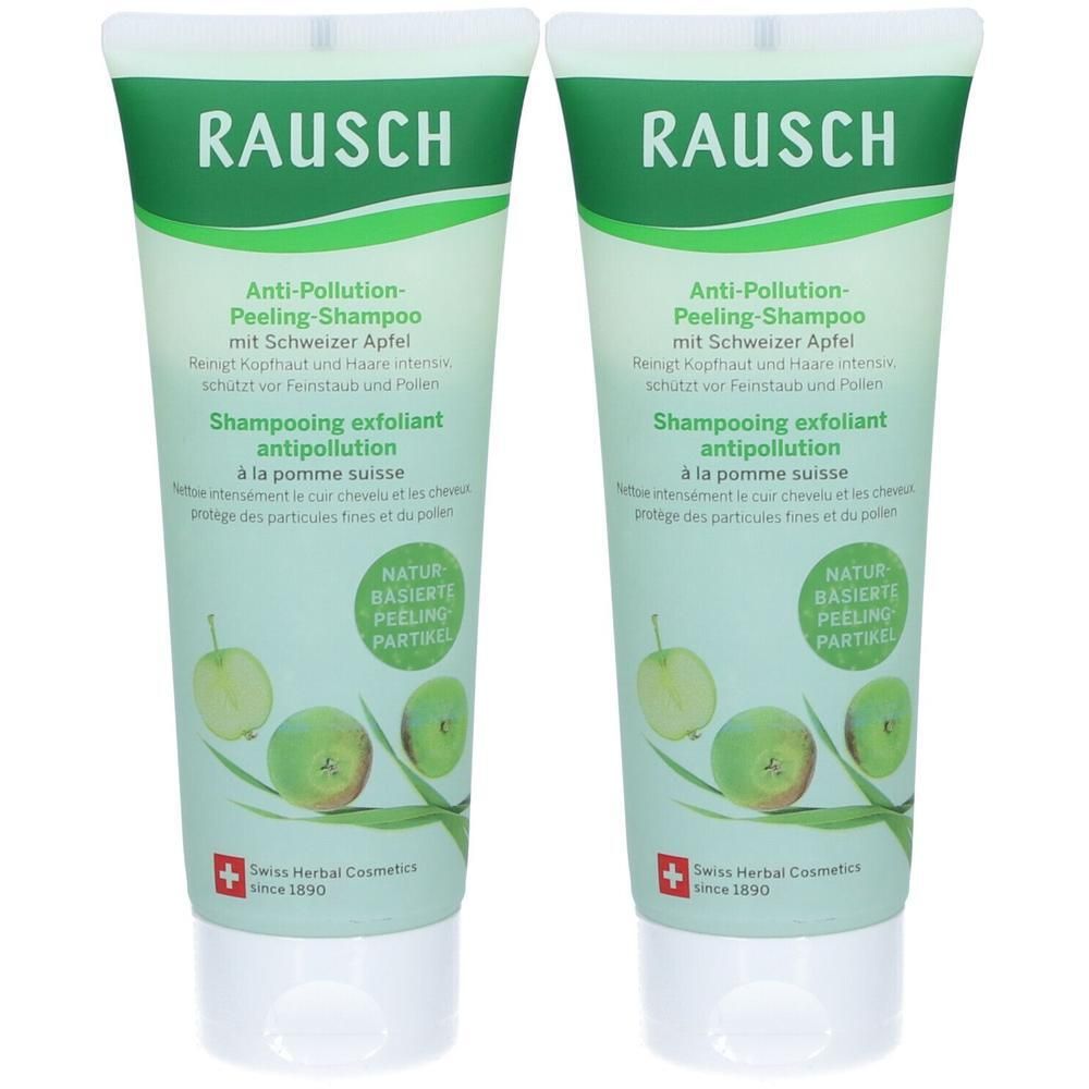 Zwei RAUSCH Anti-Pollution Peeling-Shampoo Flaschen mit Schweizer Apfel Motiv.