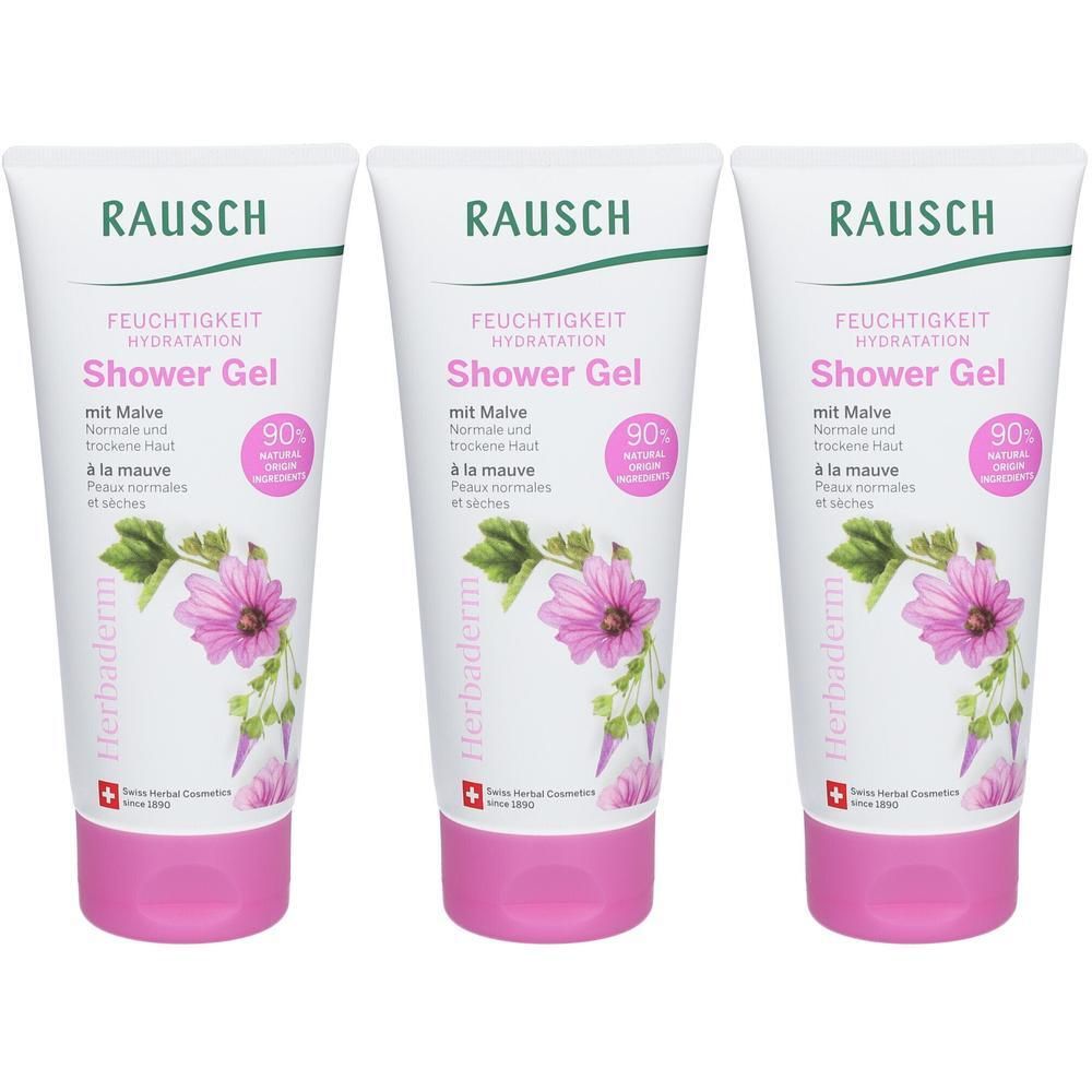 Drei RAUSCH Feuchtigkeit Shower Gel Malve Flaschen mit Malvenblüten-Illustration.