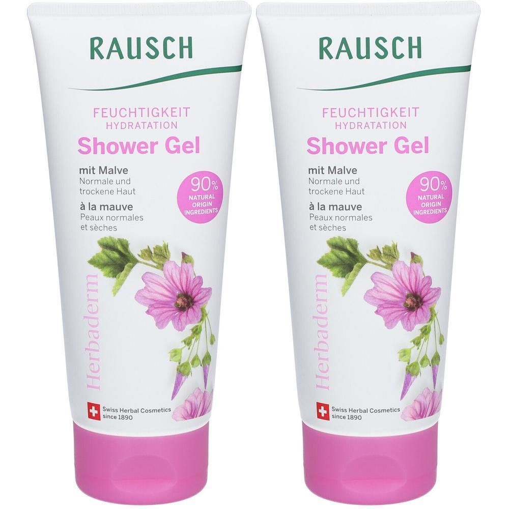 Zwei RAUSCH Feuchtigkeit Duschgele Malve mit rosa Blüten und Blättern. 90% natürliche Inhaltsstoffe.