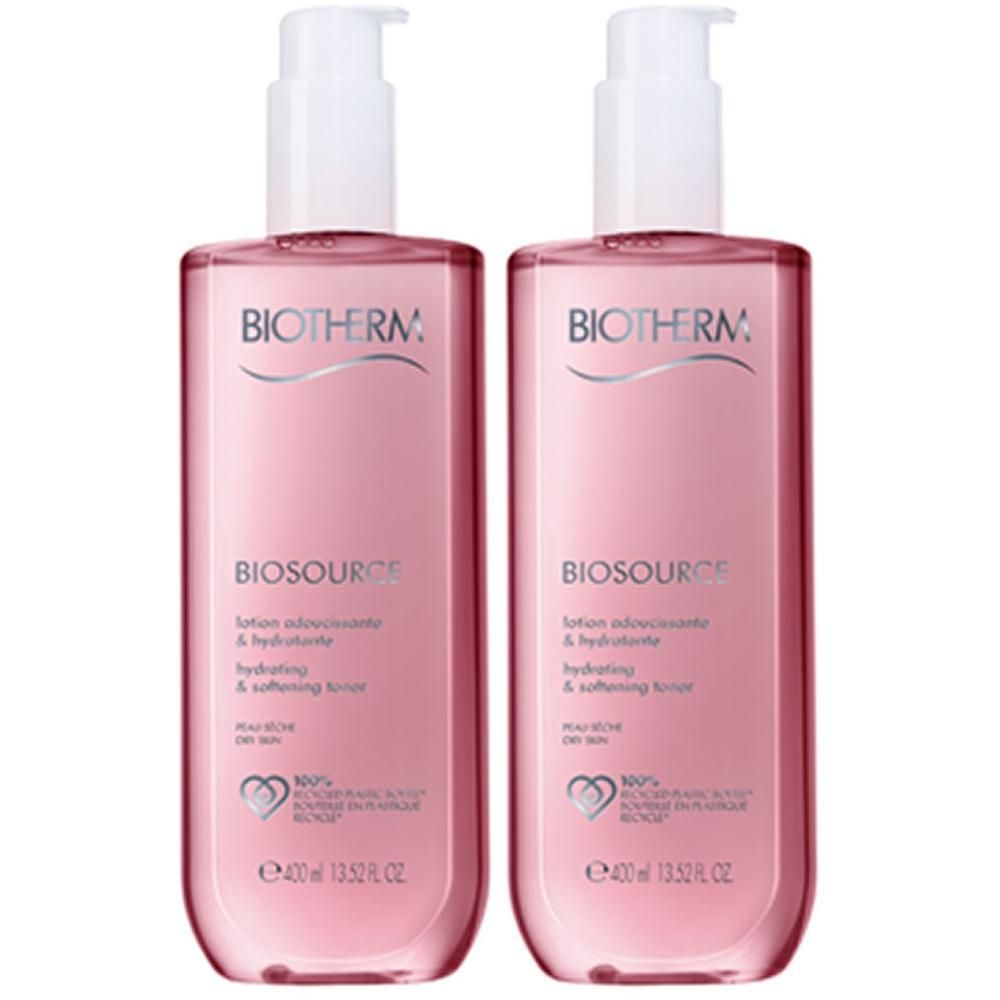Zwei Flaschen BIOTHERM Biosource Lotion mit Pumpverschluss. Rosa Flüssigkeit, 400ml. Für normale Haut.