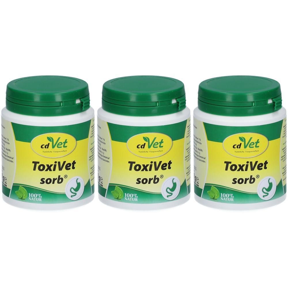 Drei Behälter cd Vet ToxiVet sorb® mit grünen Deckeln und gelben Etiketten.