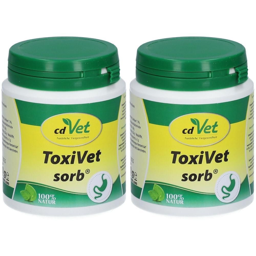 Zwei Behälter cd Vet ToxiVet sorb® mit grünen Deckeln. Gelbes Etikett mit schwarzer Schrift und grünen Blättern.
