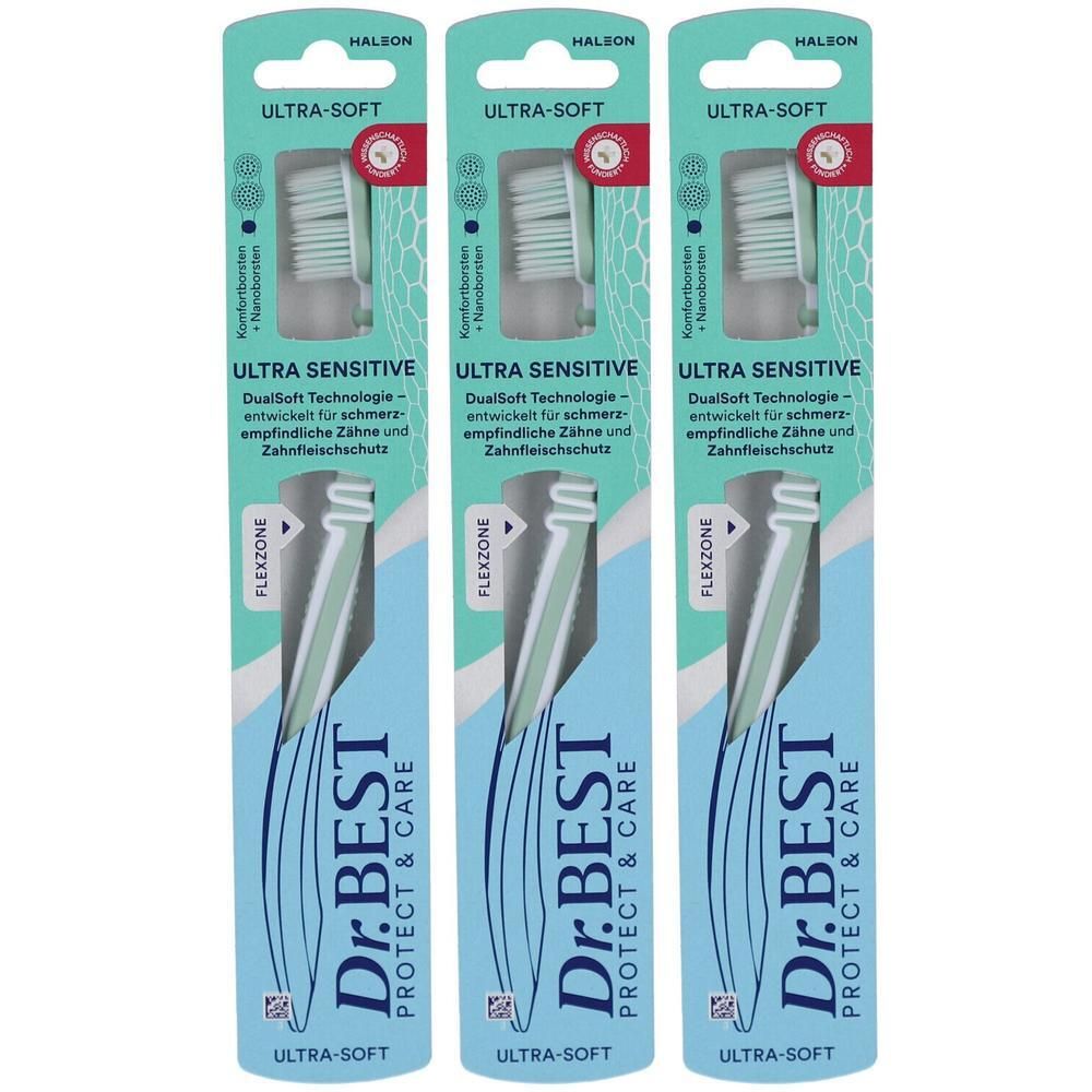 Dr. BEST Ultra Sensitive Zahnbürsten (3er Pack). Ultra-Soft Borsten, DualSoft Technologie für empfindliche Zähne.