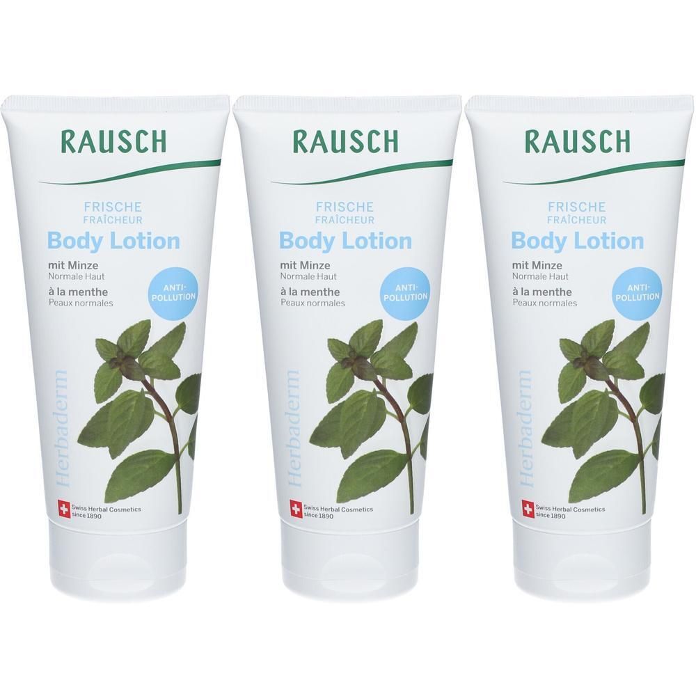 Drei Tuben RAUSCH Frische Bodylotion mit Minze und Kräutern.