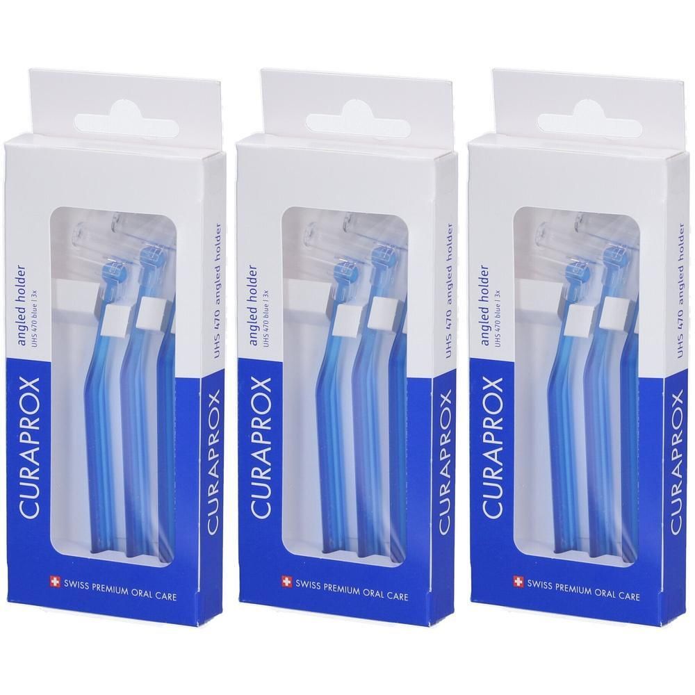 Drei Curaprox UHS 470 Interdentalbürstenhalter in Blau. Winkelgriff für präzise Reinigung.