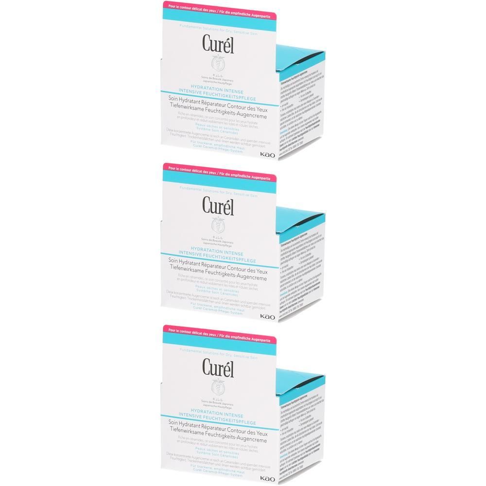 Drei Schachteln Curel Augencreme, weiß mit blauen Akzenten. Beschriftung auf Deutsch und Französisch.