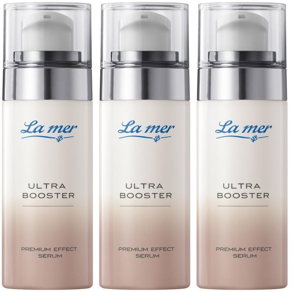 Drei La mer Ultra Booster Premium Effect Serum Spender nebeneinander.