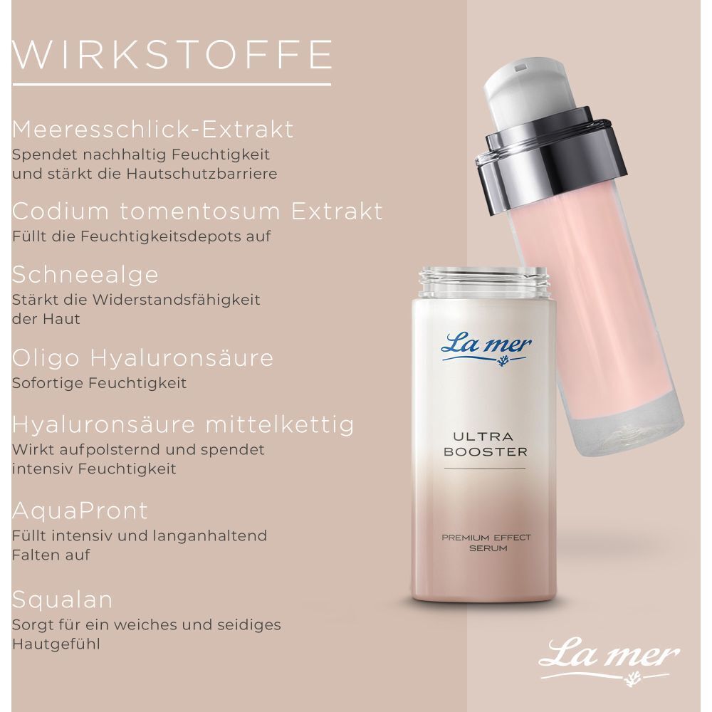 La mer Ultra Booster Serum Spender mit Liste der Wirkstoffe.