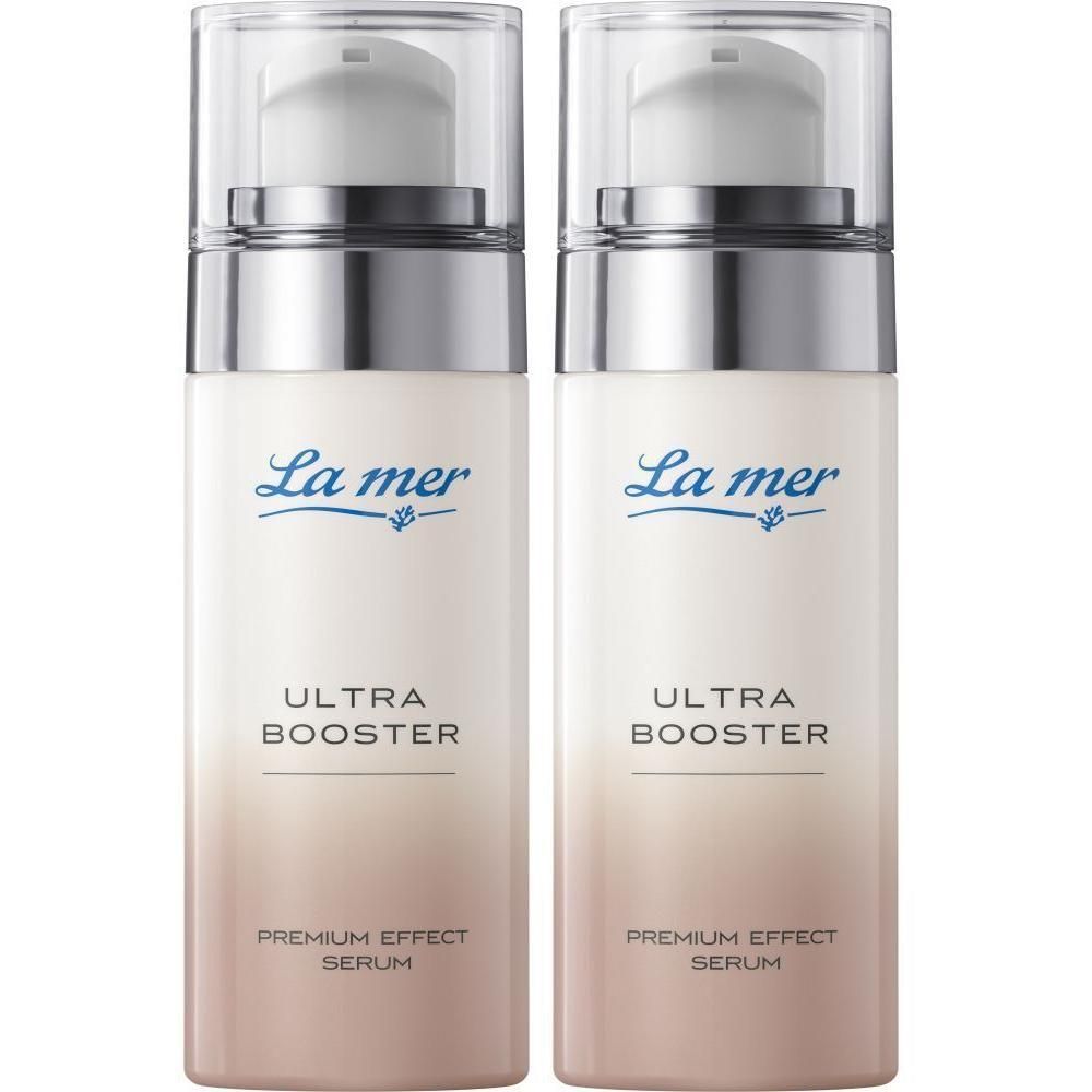 Zwei La mer ULTRA BOOSTER PREMIUM EFFECT SERUM Spender mit Pumpverschluss.