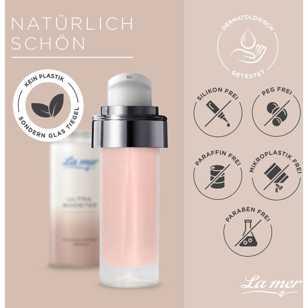 La mer ULTRA BOOSTER PREMIUM EFFECT SERUM. Glasflasche, kein Plastik. Dermatologisch getestet. Frei von Silikon, PEG, Paraffin, Mikroplastik, Parabenen.