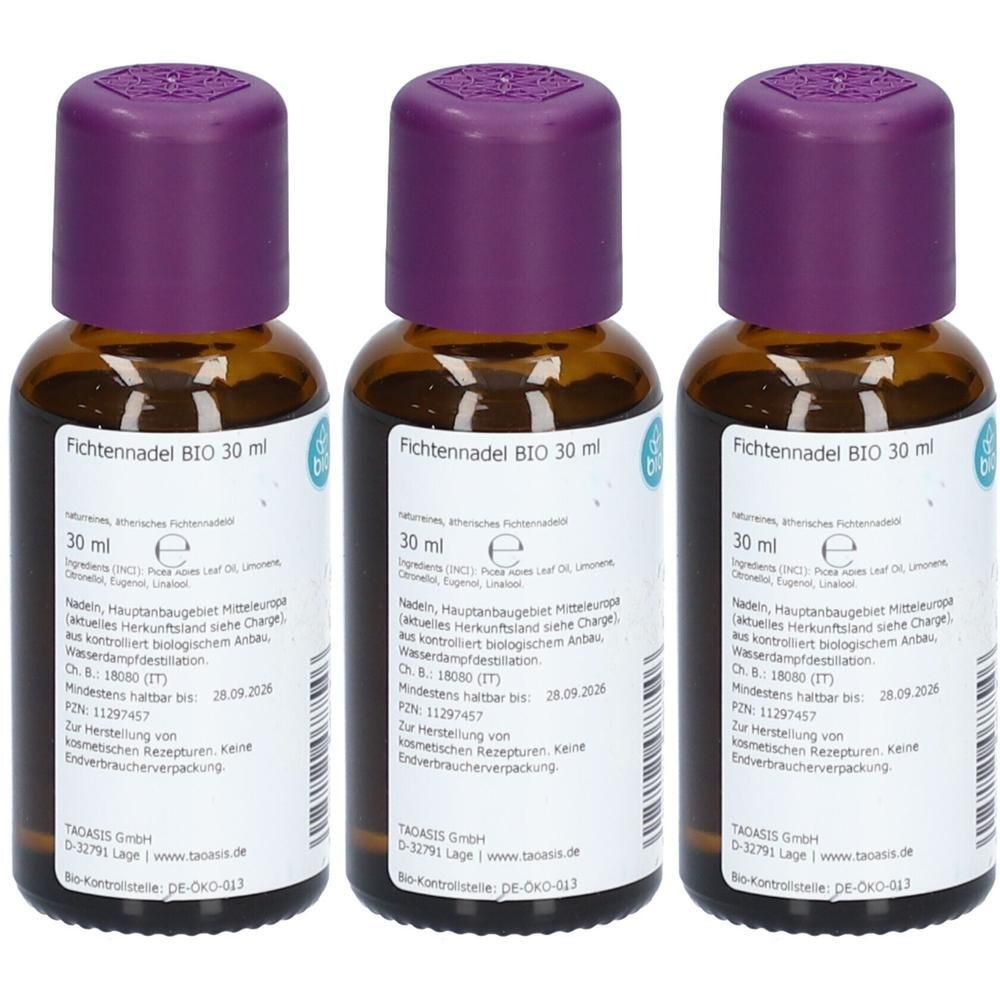 Drei Flaschen TAOASIS Fichtennadel Bio Öl, jeweils 30 ml, mit lila Schraubverschluss.