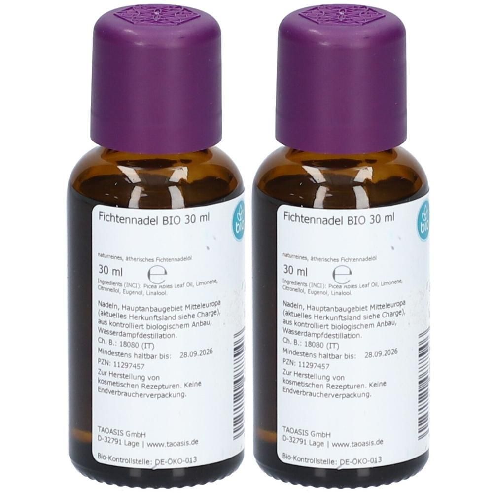 Zwei Flaschen TAOASIS Fichtennadel BIO Öl, je 30 ml, mit lila Schraubverschluss. Braunglasflaschen mit Etikett.