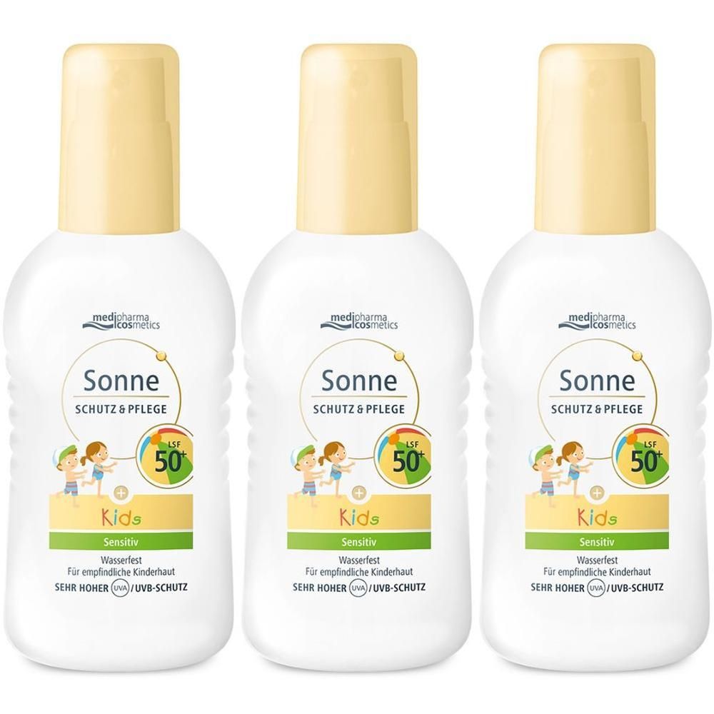 Drei medipharma cosmetics Sonne Schutz & Pflege KIDS LSF 50+ Sonnencreme-Flaschen nebeneinander.