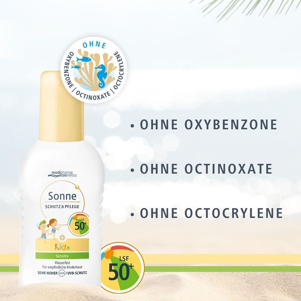 Sonnencreme medipharma cosmetics Sonne Schutz & Pflege KIDS LSF 50+ mit Siegel 'Ohne Oxybenzon'.