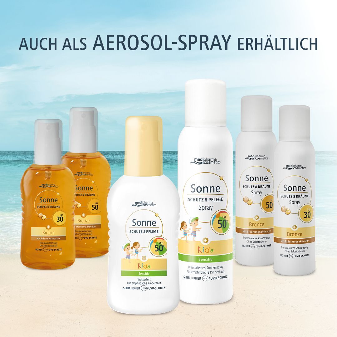 Verschiedene medipharma cosmetics Sonnenschutzprodukte am Strand.
