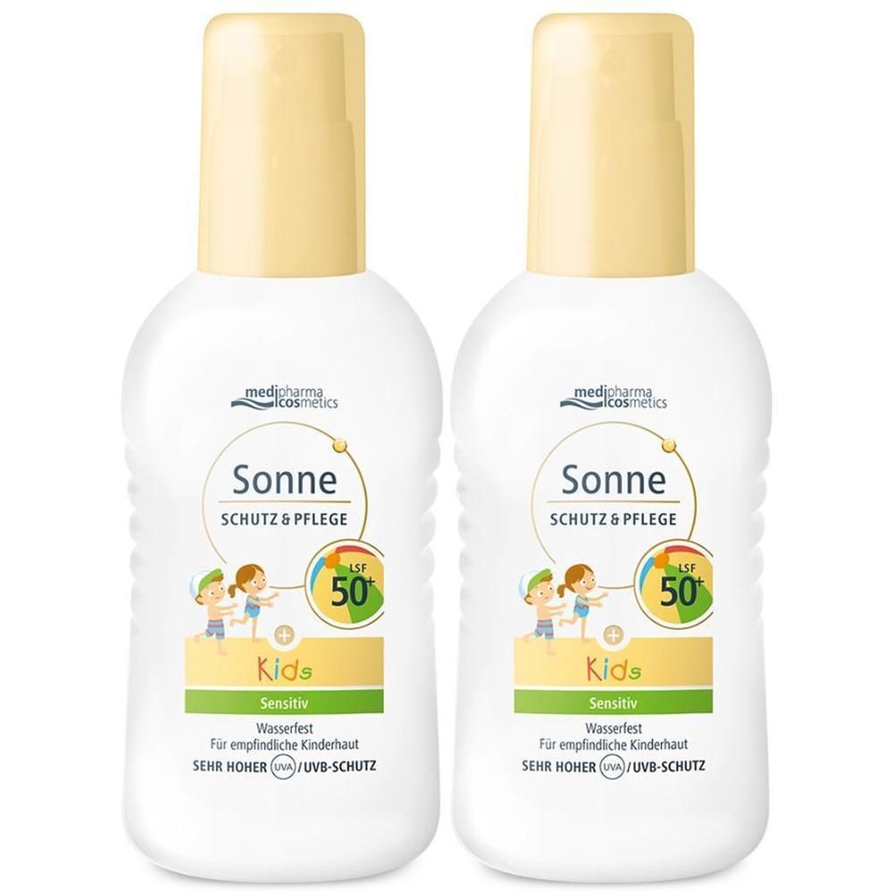 Zwei medipharma cosmetics Sonne Schutz & Pflege KIDS LSF 50+ Flaschen mit gelben Verschlüssen. Wasserfest, für empfindliche Kinderhaut.