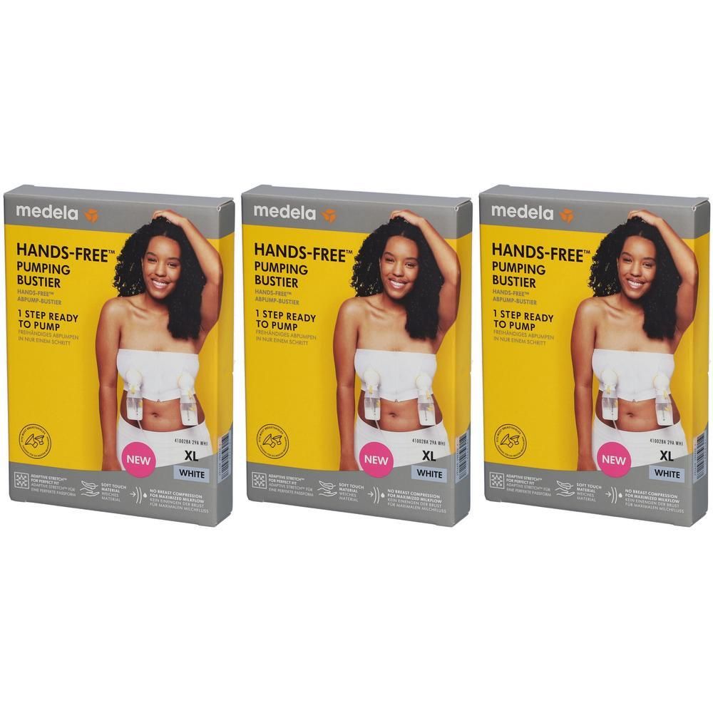 Drei Packungen Medela Hands-free™ Pump Bustier in Weiß, Größe XL. Jede Packung zeigt eine Frau mit dem Bustier.