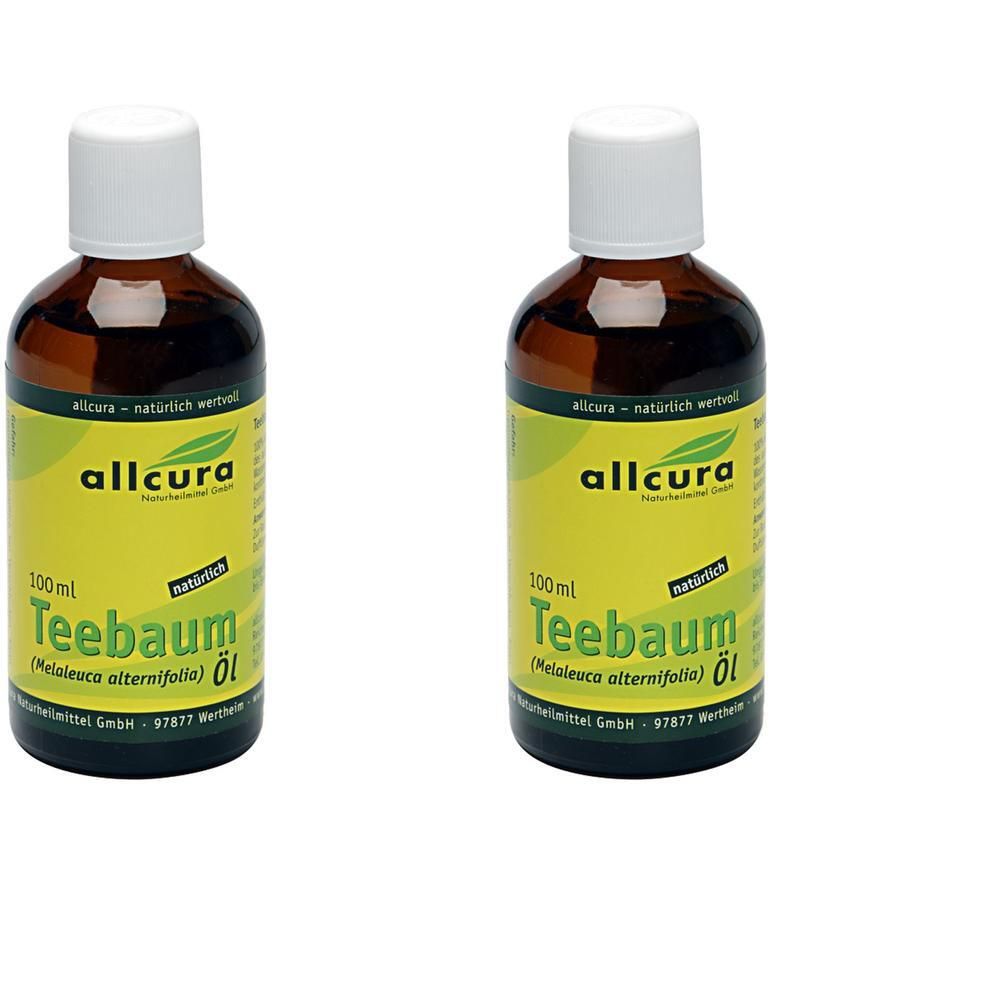 Zwei Flaschen allcura Teebaum Öl, jeweils 100ml, mit weißen Verschlüssen.