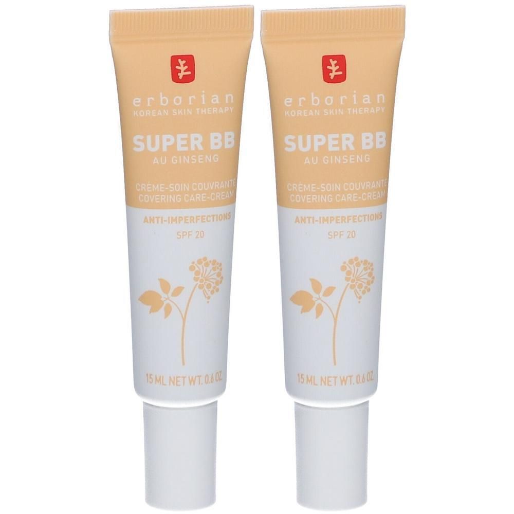 Zwei Tuben Erborian Super BB Nude mit Ginseng, LSF 20. 15ml Nettoinhalt pro Tube.