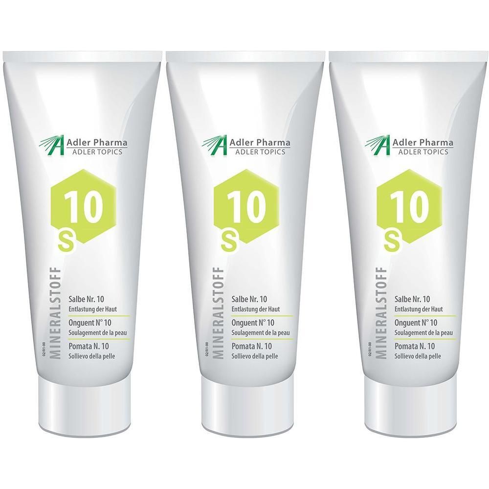 Drei Tuben MINERALSTOFF Salbe Nr. 10 von Adler Pharma mit Logo und Produktinformationen.