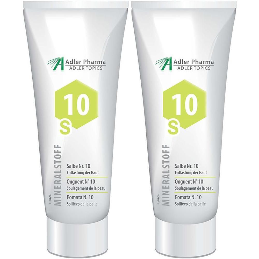 Zwei Tuben MINERALSTOFF Salbe Nr. 10 von Adler Pharma mit grünem Sechseck-Logo und der Zahl 10.