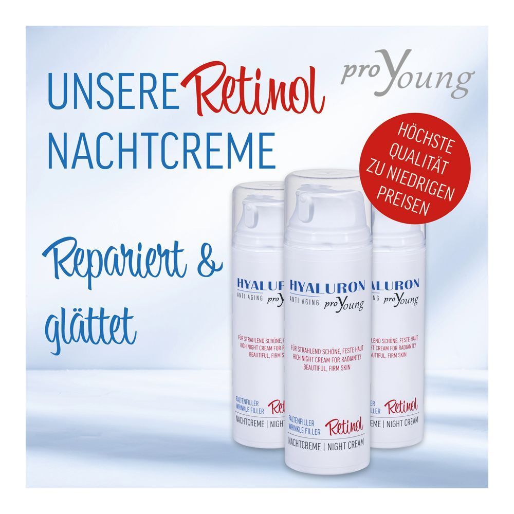 Drei Pumpspender HYALURON proYoung Retinol Nachtcreme, mit Text 'Unsere Retinol Nachtcreme'.
