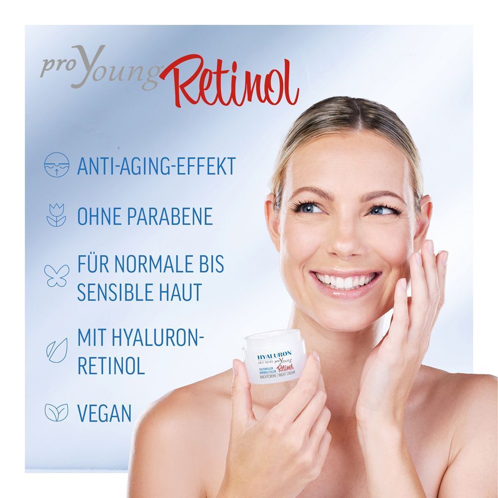 Frau hält Tiegel HYALURON proYoung Retinol, mit Liste von Vorteilen wie Anti-Aging.