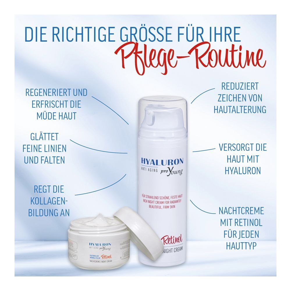 HYALURON proYoung Retinol Nachtcreme und Tagescreme Tiegel, mit Text über Pflege-Routine.