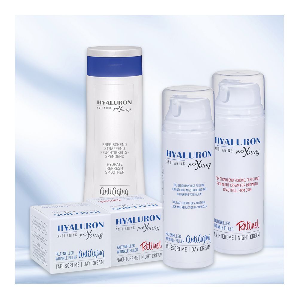 Produkte der HYALURON proYoung Pflegeserie: Bodylotion, Nachtcreme, Tagescreme.
