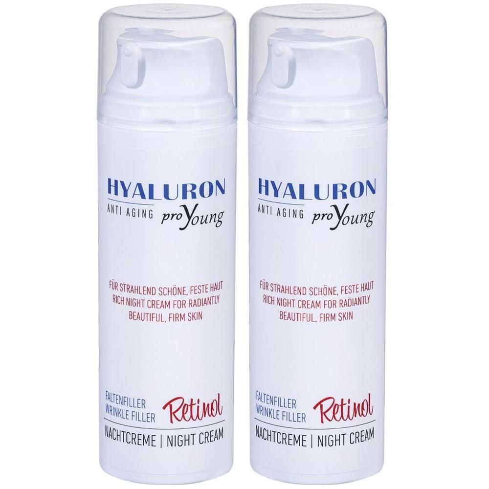 Zwei weiße Pumpspender mit HYALURON proYoung Retinol Nachtcreme.