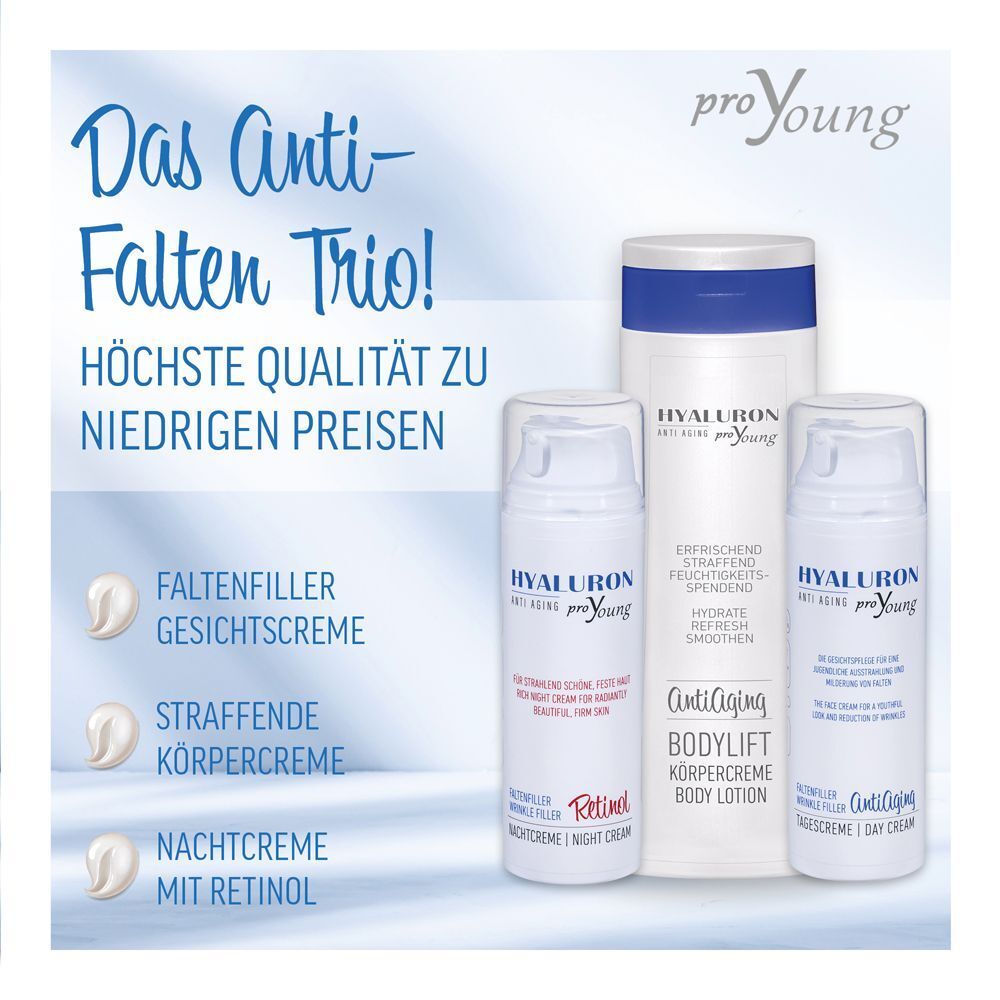 Pflegeserie HYALURON proYoung: Flasche und zwei Pumpspender.