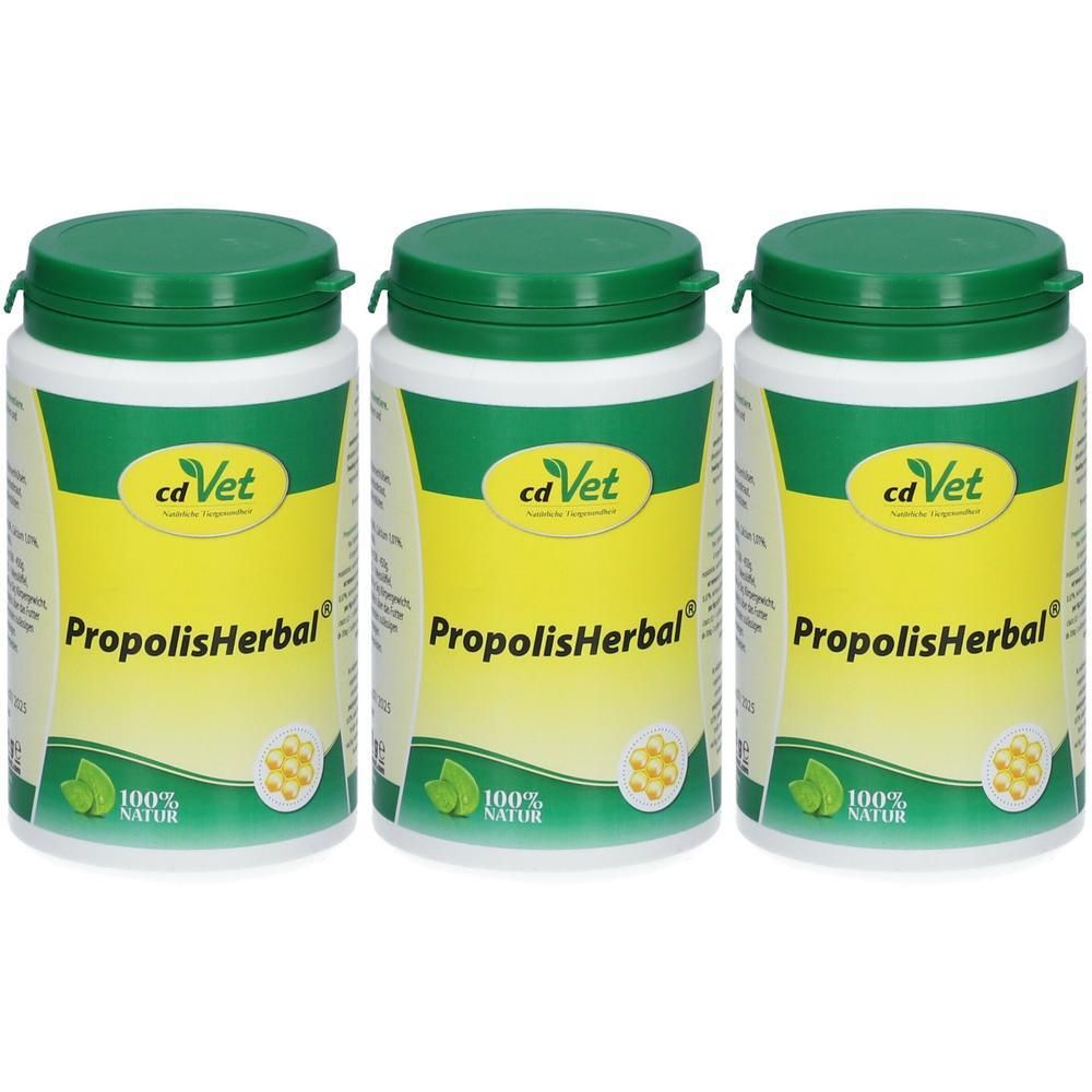 Drei Behälter mit cd Vet PropolisHerbal® Etiketten, 100% Natur Aufschrift.