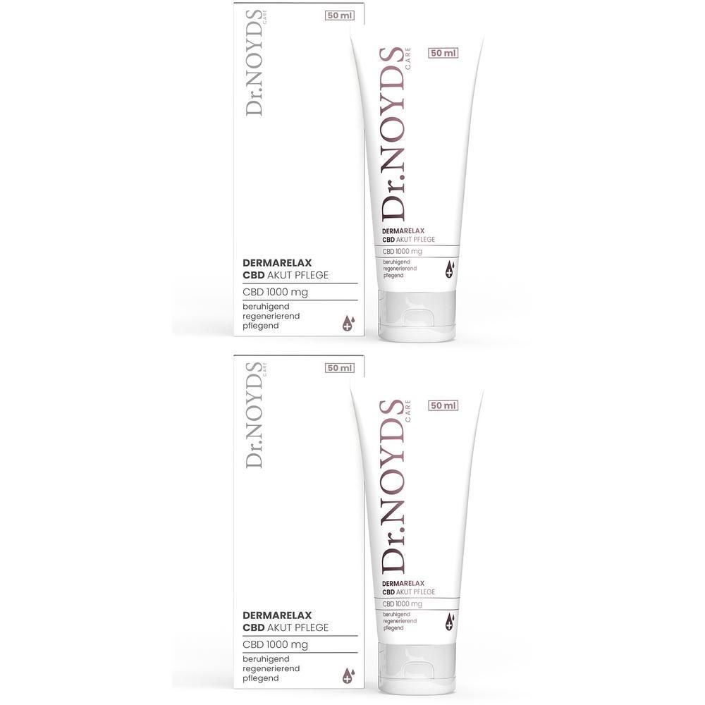 Zwei Tuben und Faltschachteln Dr. NOYDS DERMARELAX CBD AKUT PFLEGE, je 50 ml.