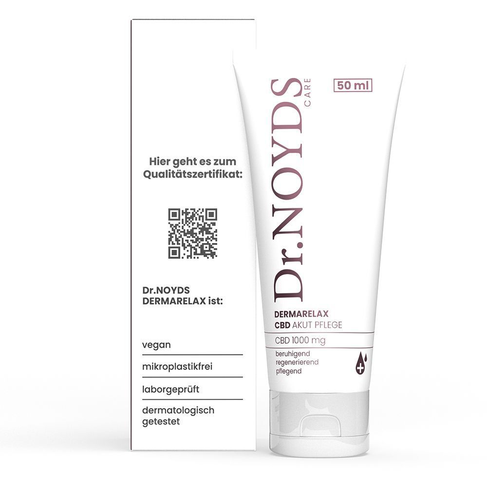 Dr. NOYDS DERMARELAX CBD AKUT PFLEGE Tube (50 ml) und Faltschachtel mit QR-Code und Siegeln (vegan, mikropflasterfrei, laborgeprüft, dermatologisch getestet).