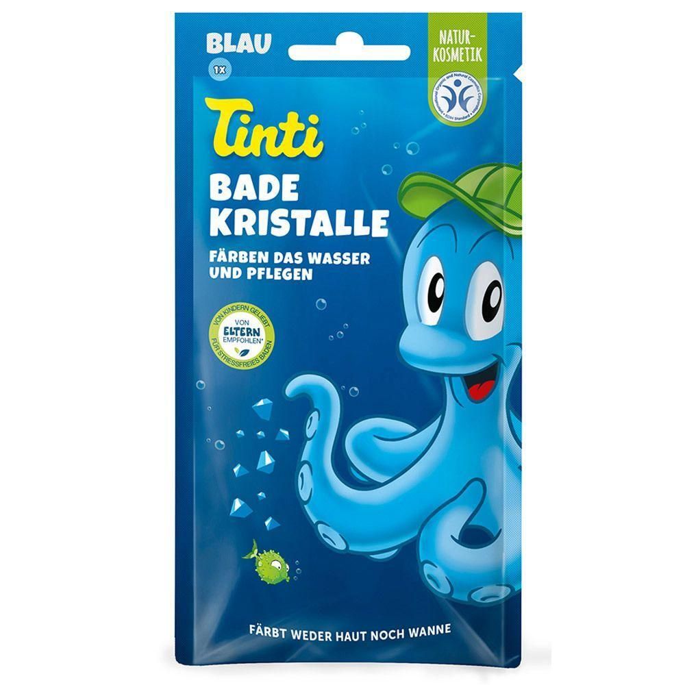 Tinti Badekristalle blau: Packung mit einem blauen Oktopus-Maskottchen und der Aufschrift "Färben das Wasser und pflegen".