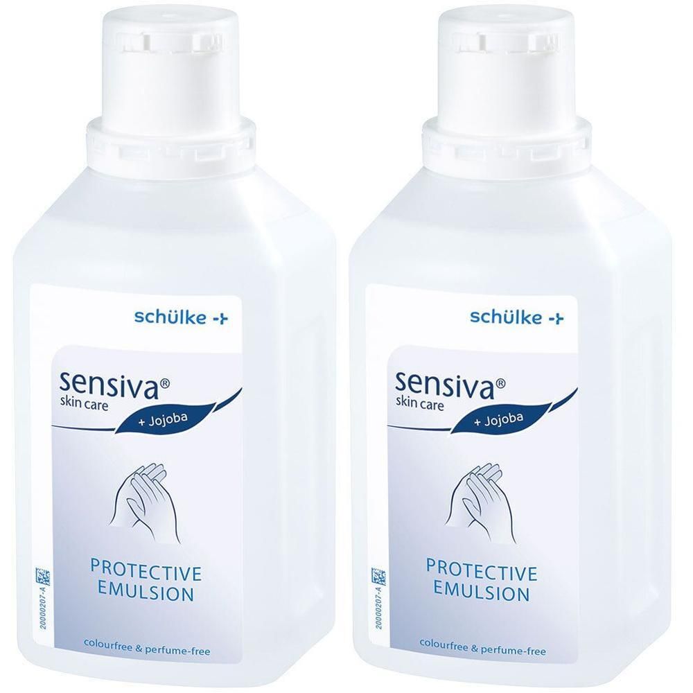Zwei Flaschen sensiva® Schutzemulsion mit Jojoba, farb- und parfümfrei.