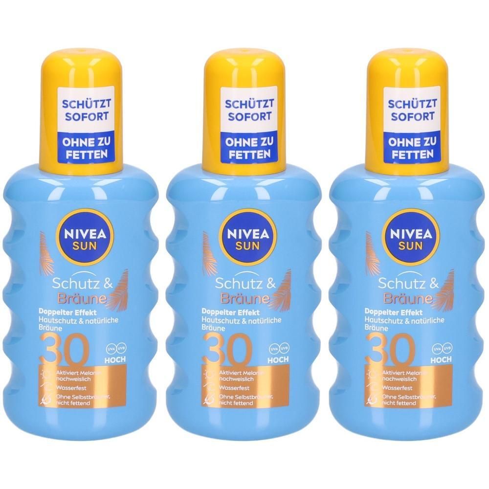 Drei Nivea Sun Schutz & Bräune Sonnensprays LSF 30 in hellblauen Flaschen mit gelben Verschlüssen.