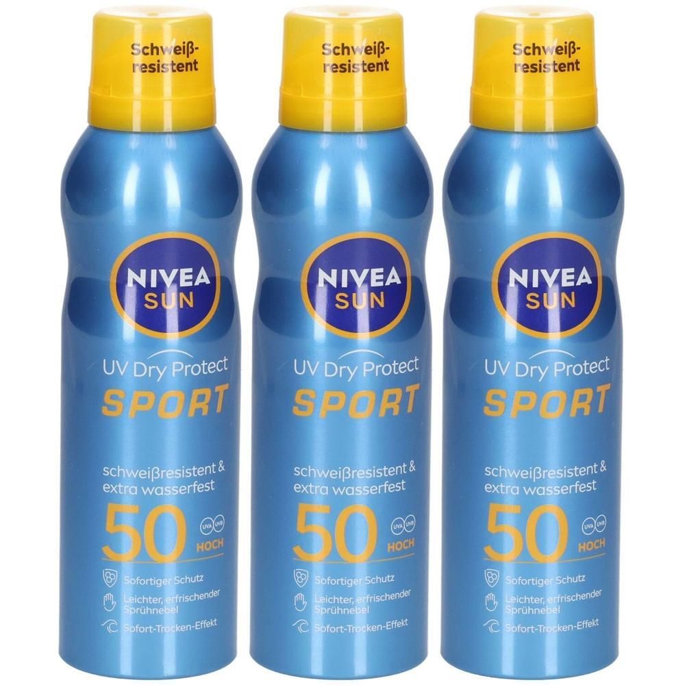 Drei NIVEA SUN UV Dry Protect Sport Sonnenspray-Flaschen mit LSF 50. Schweißresistent und wasserfest.
